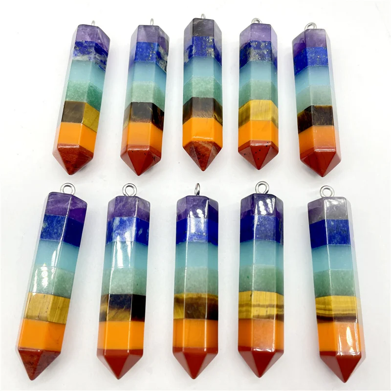 

Natural Gem Stone Quartz Crystal Amethyst Lapis Tiger Eye 7 Chakra Layered Pillar Pendant For DIY Jewelry Making Necklace 4pcs