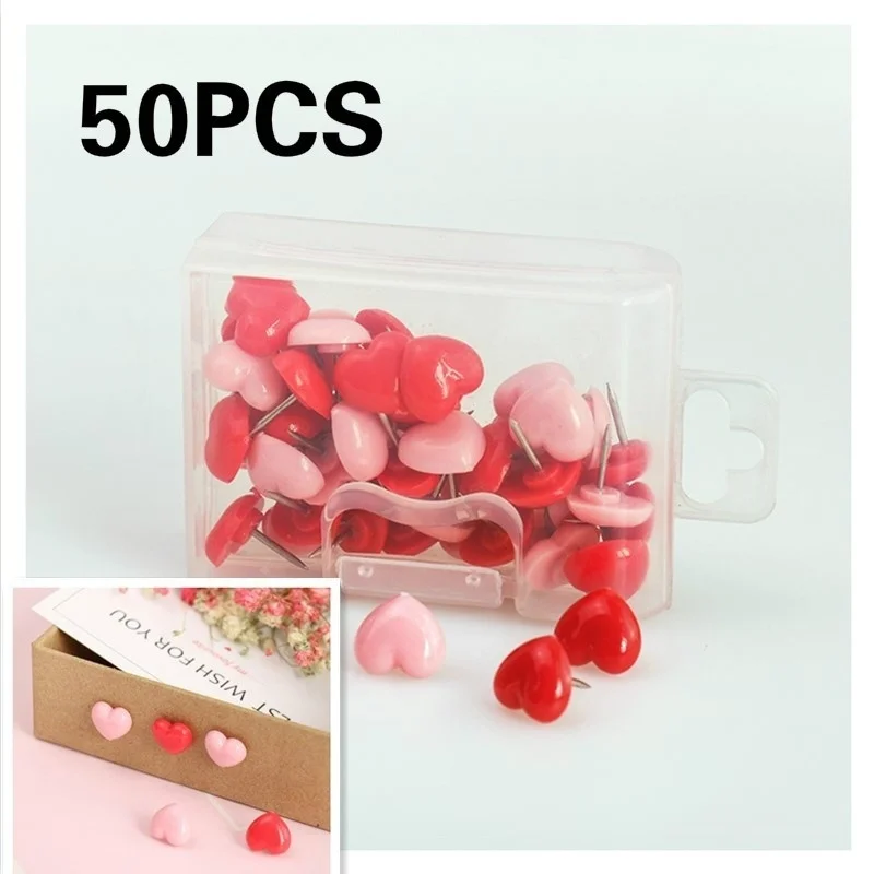 2026 New Heart Shape 50pcs Plastic Quality Cork Board Safety Colored Push Pins Thumb Tack Office School Accessories Supplies