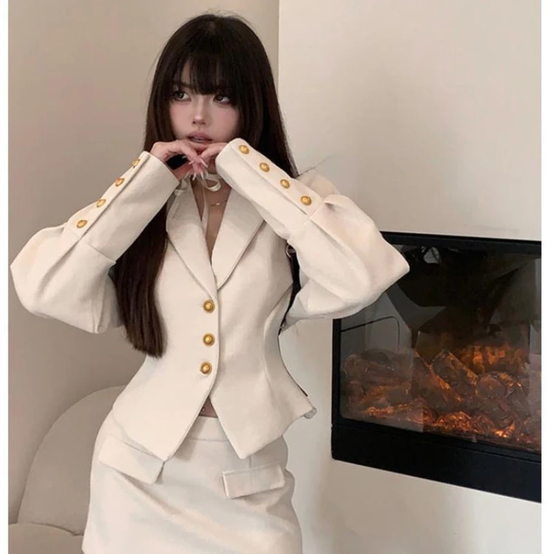 Women\'s Winter French Short Blazer Coats Half Skirt Set Retro Casual Solid Color Waist Closing Suit Half Skirt Two-piece Sets