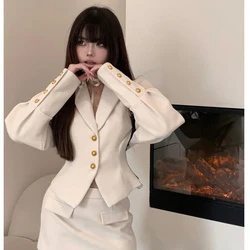 Women's Winter French Short Blazer Coats Half Skirt Set Retro Casual Solid Color Waist Closing Suit Half Skirt Two-piece Sets