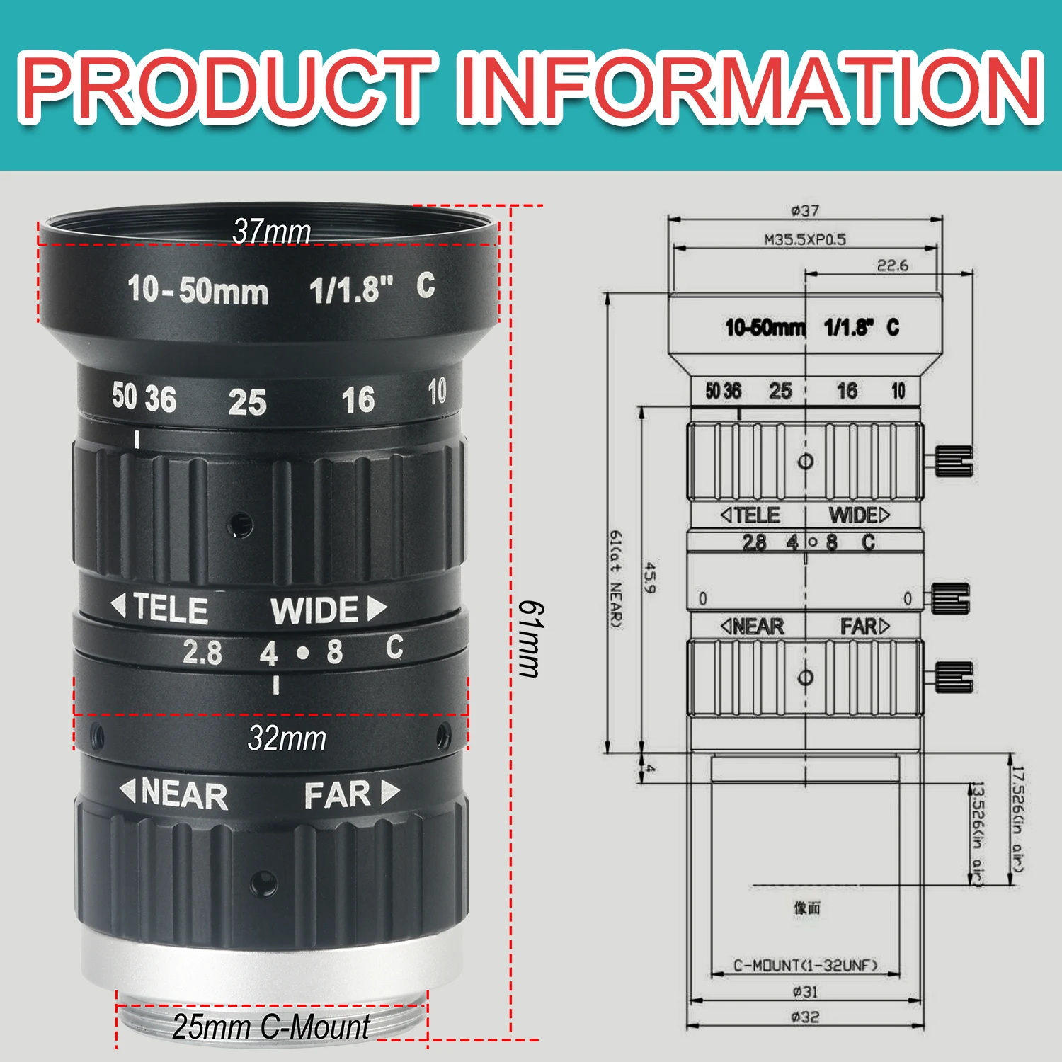 Obiettivo di ispezione industriale con zoom manuale KOPPACE da 6 milioni di pixel 10-50 mm