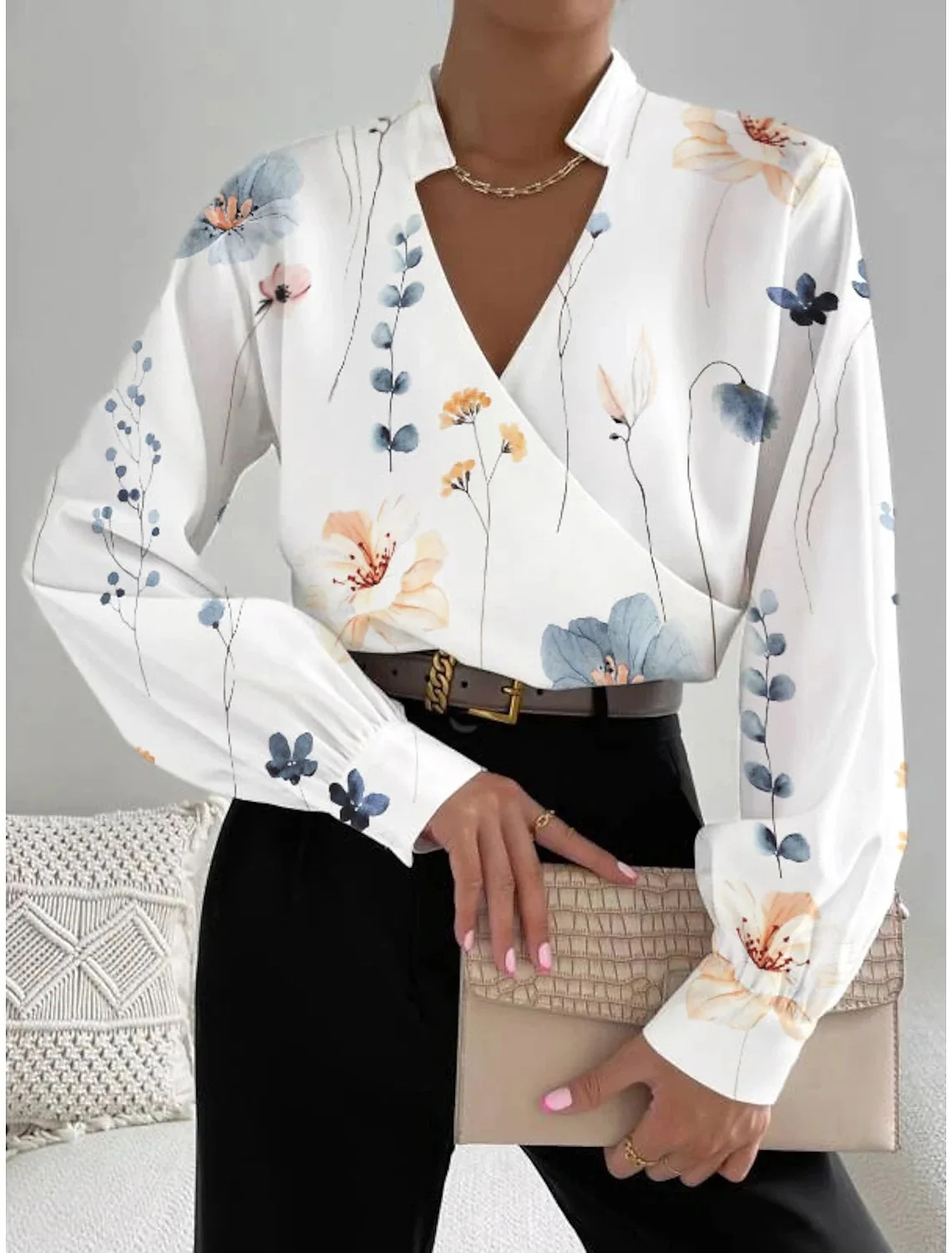 Spring and Autumn New Products Amazon Independent Station Temperament Splicing Long Sleeved Shirt Collar Top for Women