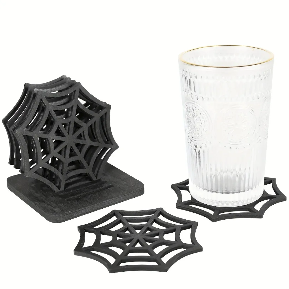 6PCS Spooky Halloween Spider Web Placemats Set with Storage Base Wooden Halloween Coasters Party Supplies Halloween Table Decor