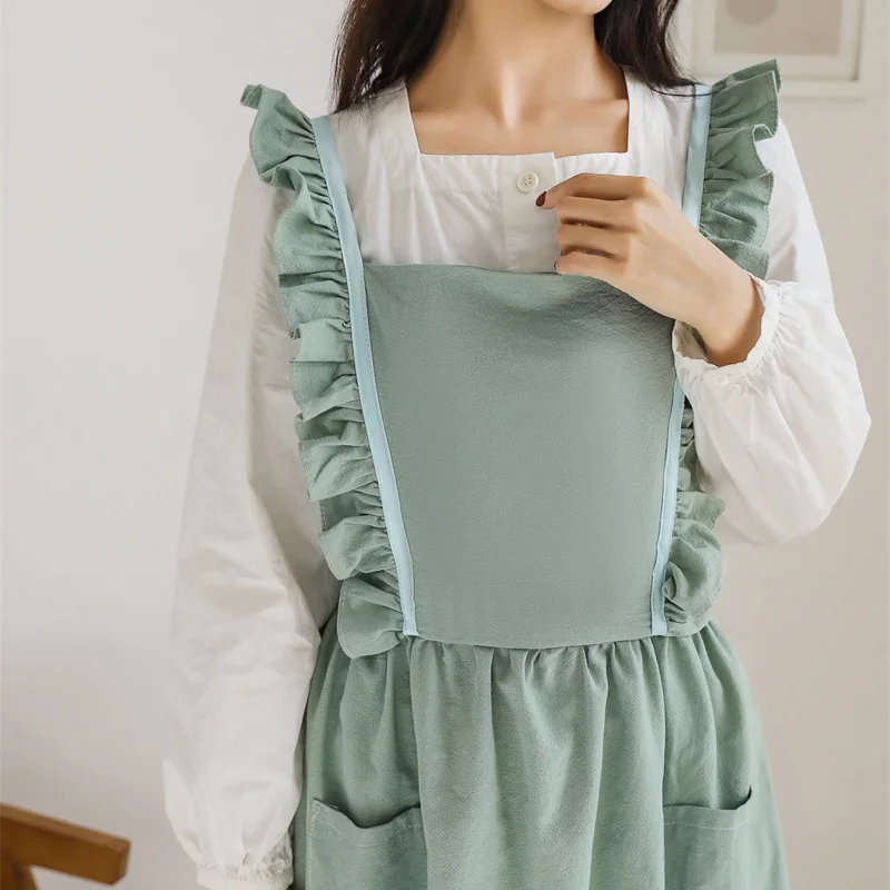 Women Cotton Linen Cross Back Kitchen Apron Japanese Housework Baking Wrap With Pocket Cafe Nails Flower Shop Long Dress Bibs