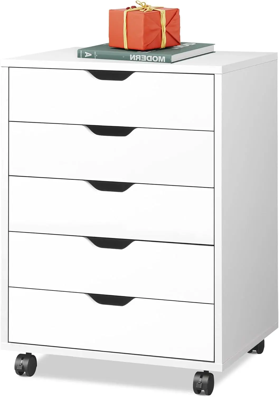 5-Drawer Chest, Wood Storage File Cabinet with Wheels, White