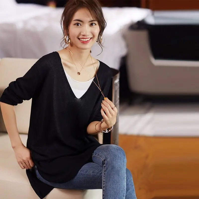 Fashion V-Neck Spliced Korean Fake Two Pieces Blouse Women's Clothing 2022 Autumn New Oversized Casual Pullovers Commute Shirt