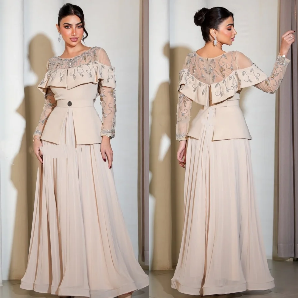 

Customized Modern Style Fashion Jersey Beading Ruched A-line Scoop Neck Long Dresses Bespoke Occasion Dresses High Quality Retro