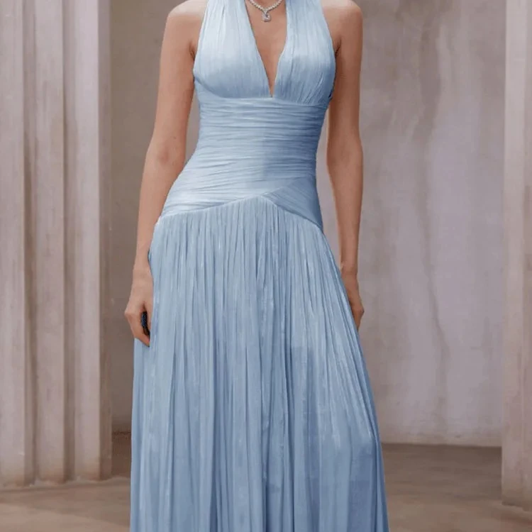 

Customized Sleeveless Long Dress Elegant Deep V-neck Draped Evening Party Dress Women's Fashion Pleated Hight Waist Gowns Dress