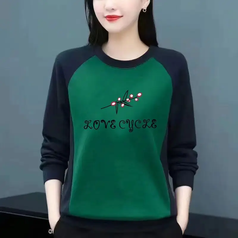 2024 New Spring Autumn Cotton Blouse Round Neck Middle-aged Sweater Women's Stitching Long Sleeve Plus Size T-shirt Casual Tops