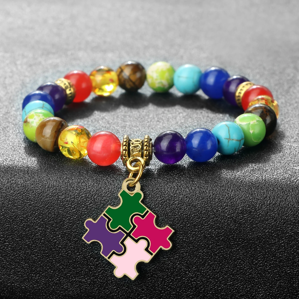 Seven Color Beads Bracelet for Women Men Square Puzzle Alloy Pendant Elastic Thread Bracelet Fashion Yoga Jewelry Couple Gifts