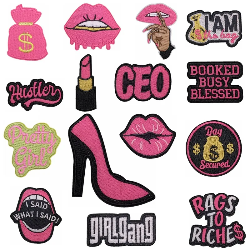 

English Letters Girl Woman Lips Cash Iron-on Sew Embroidery Badge Patches DIY T-shirt Hat Backpack Clothing Appliques Sticker