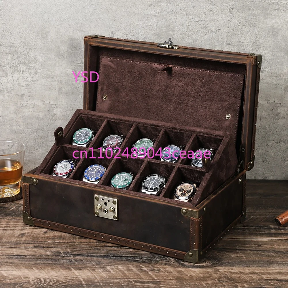 

10 Slots Grids Genuine Leather Watch Storage Case Vintage Portable Luxury Organizer Display Best Gift Box For Men