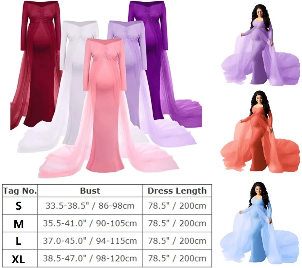 Sepzay Women\'s Long Sleeve Off Shoulder Maternity Maxi Photography Dress Tulle Wedding Mermaid Gown for Photoshoot Baby Shower