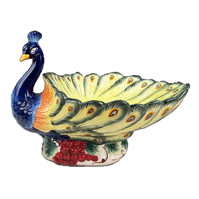Peacock Fruit Plate Painted Ceramic Fruit Plate Pastoral Living Room Coffee Table Ornament Peacock Home Decoration