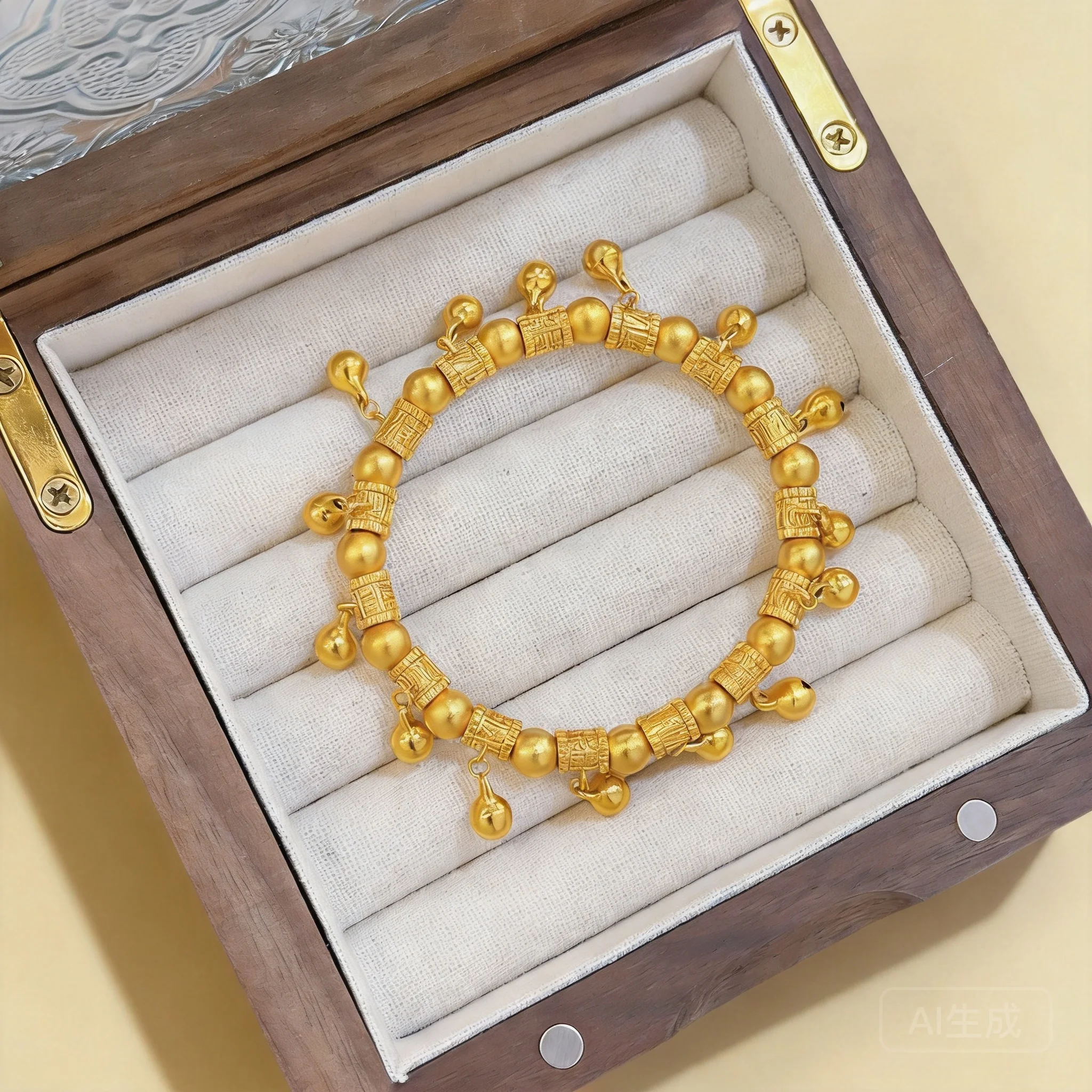 Chinese Style Lucky Blessing Ruyi Bell Lock Bracelet Sparkling Vintage Sand Gold Beaded Bangle For Women Good Fortune Wealth Fen