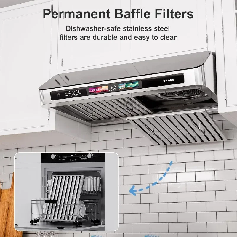 Under Cabinet Range Hood 30 Inch with Voice/Gesture/Touch Control, with 4-Speed Exhaust Fan, Memory Mode, Adjustable Lights