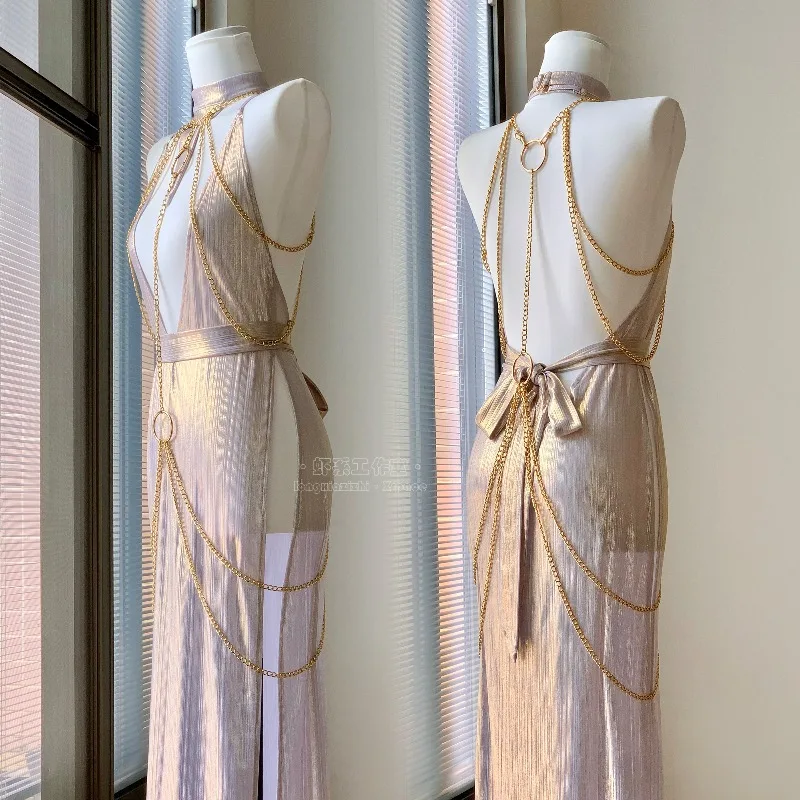 Egyptian Queen Sexy Cosplay Costume Metal Body Chain Gown slim-fit Dress Pharaoh Nile Style Suit Women Halloween Party Outfits - view 3