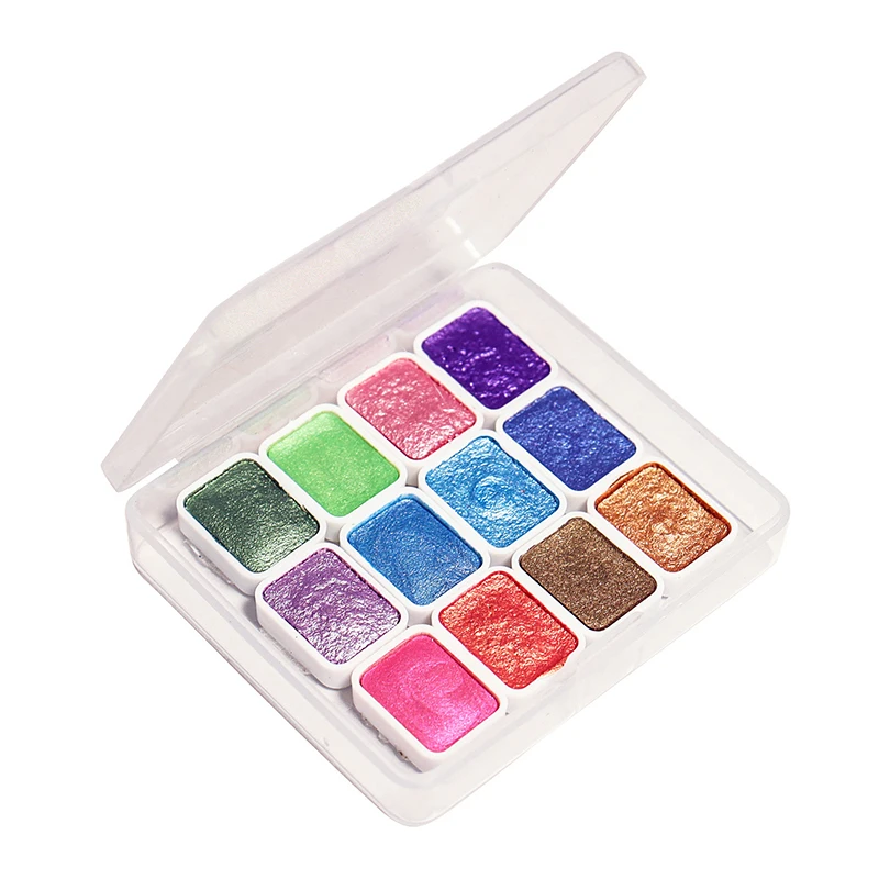 12 สี Pearlescent สีน้ํา 1ml Pigment คู่มือ Solid สีน้ําชุดสีทึบกล่องสําหรับเล็บตกแต่งภาพวาด