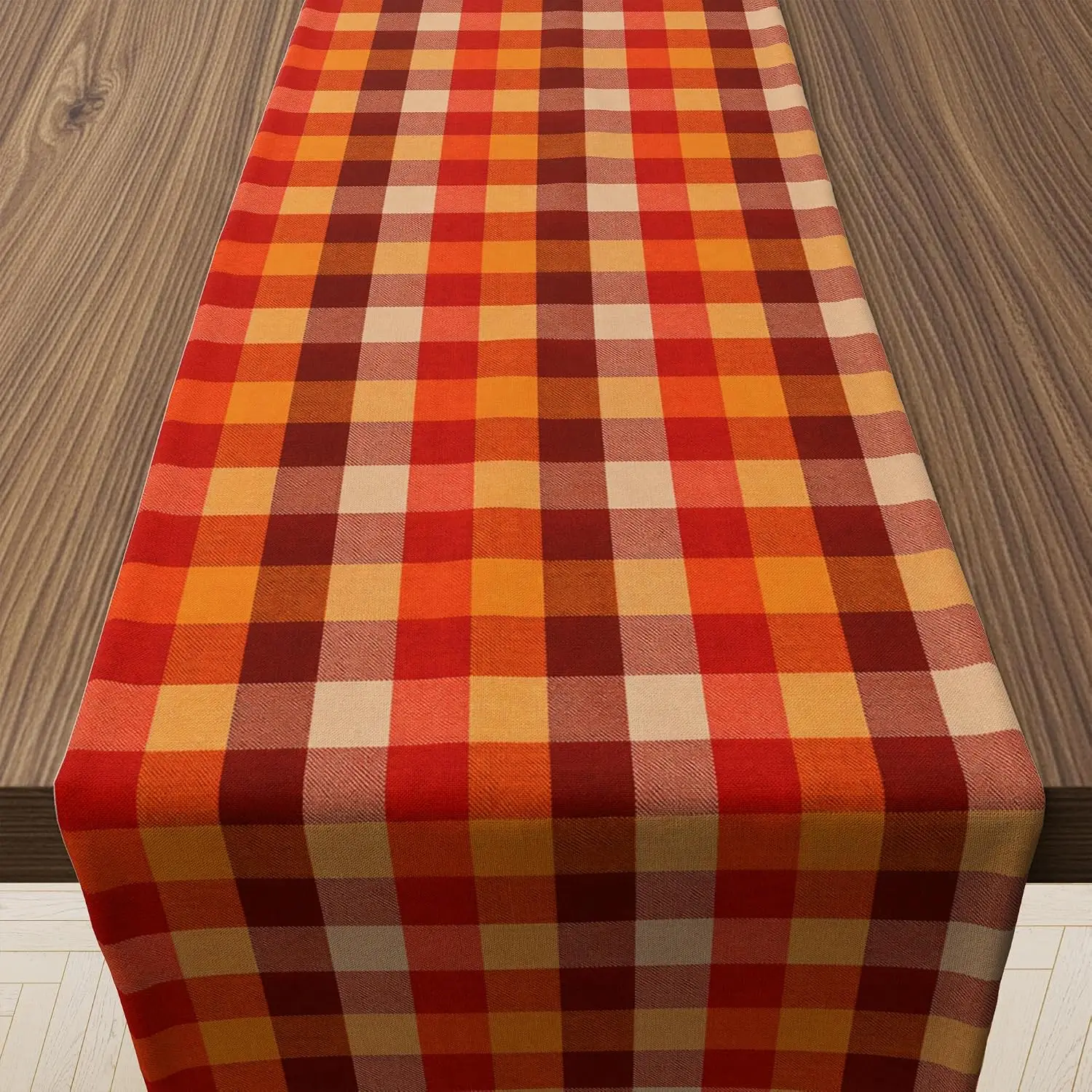 Orange Brown Plaid Fall Table Runner, Thanksgiving Centerpieces Backdrop Tablecloth, Indoor Outdoor Home Kitchen Dining Decor