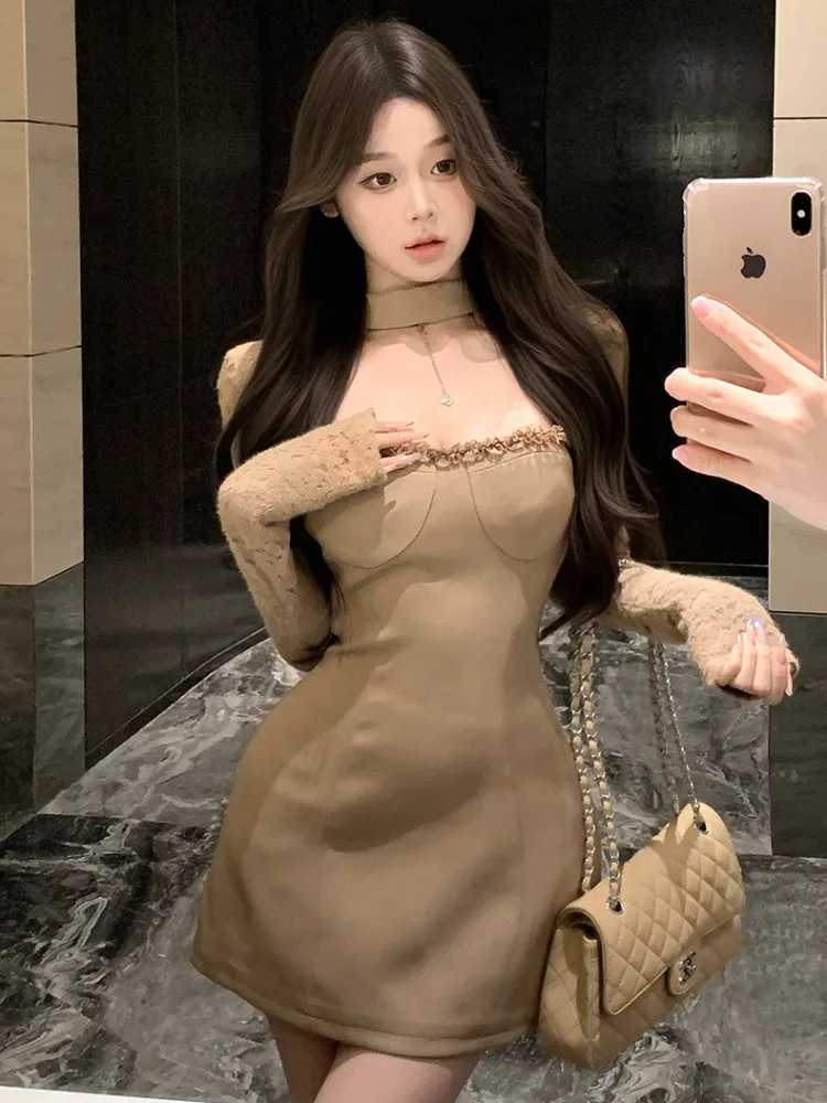 

Cafeau Long Sleeve Lace Splice Neck Hanging Dress Women's Spring Autumn Slimming Short Skirt Bodycon Dress Korean Style