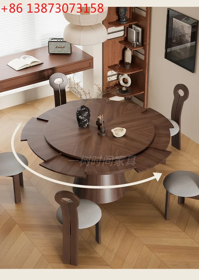 FG40Deformation round Table Antique Style Solid Wood Rotating Retractable Dining Table French Retro Folding
