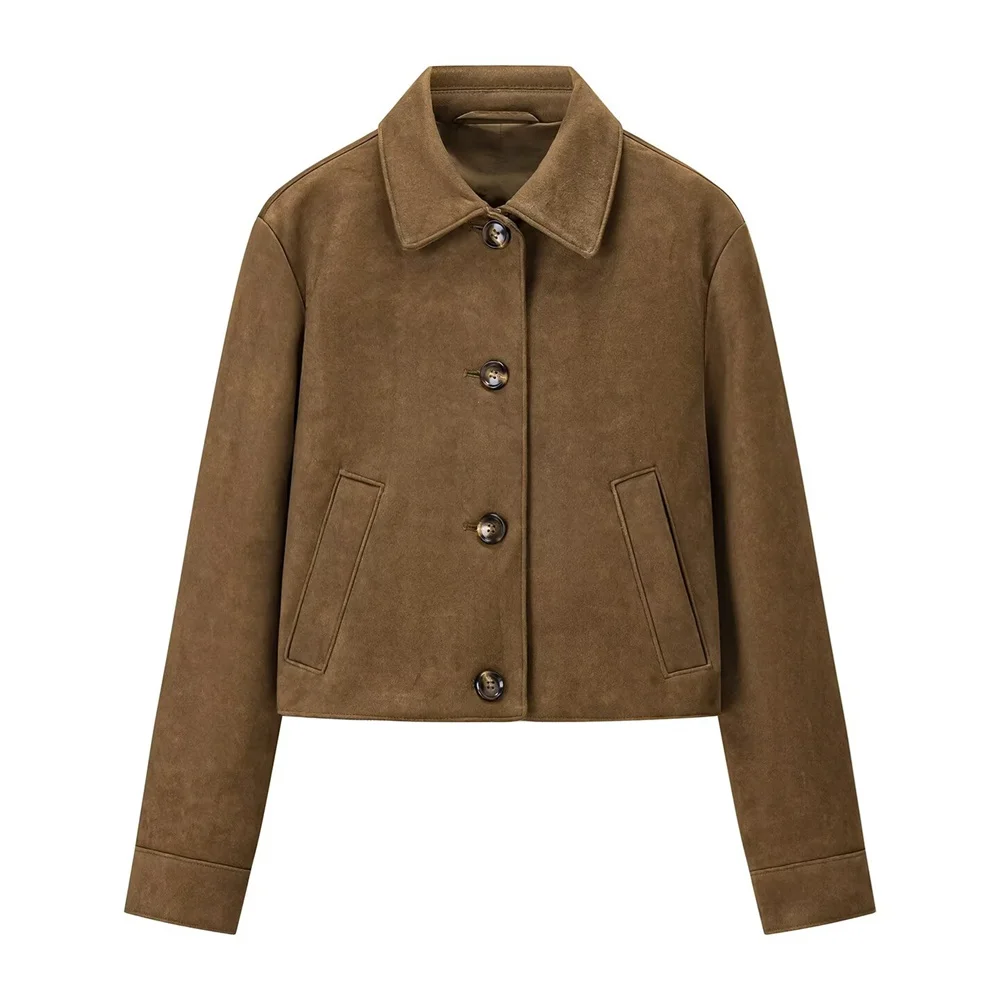 

New autumn and winter women's clothing French collar long sleeved short style suede texture effect casual jacket jacket