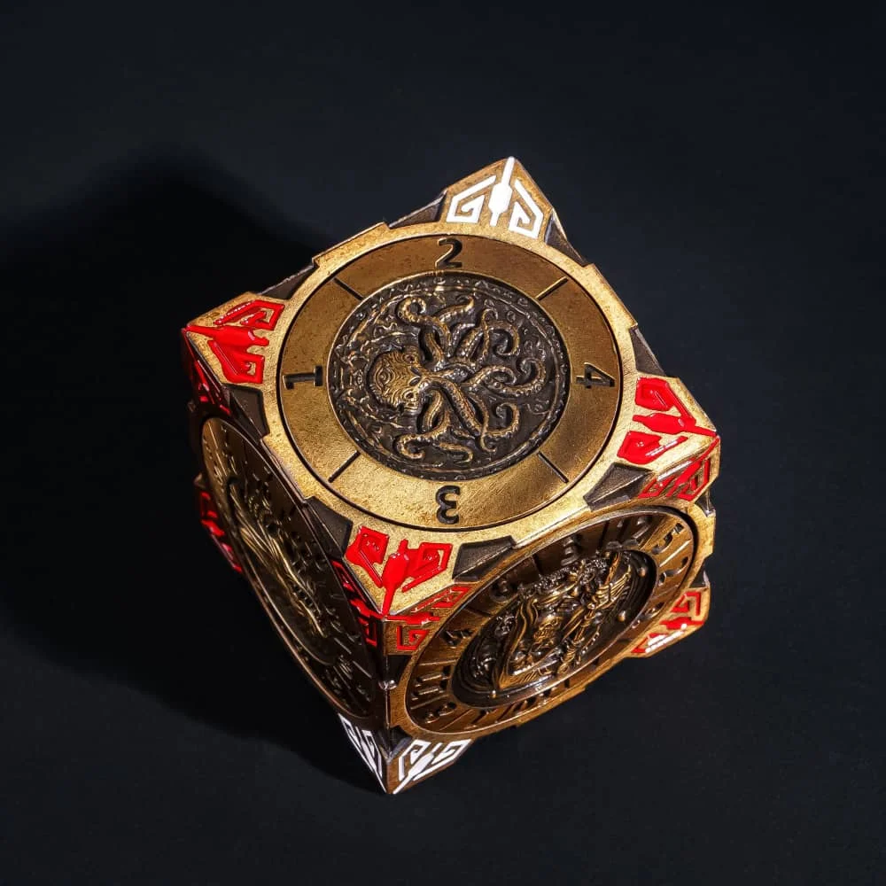 مكعب نرد دوار معدني 7 في 1 نرد متعدد السطوح DND فريد من نوعه مع إغاثة ثلاثية الأبعاد لملحقات RPG لسطح الطاولة الخيالية D&D