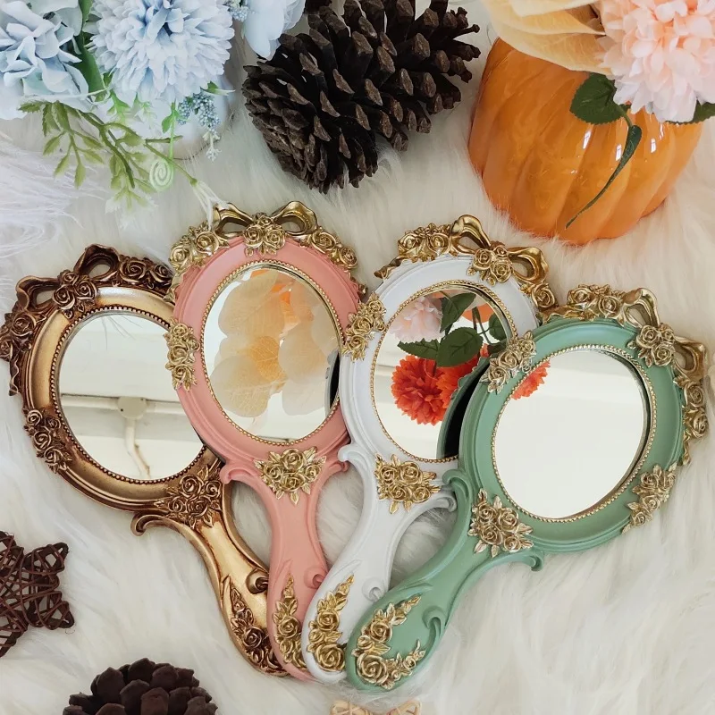 Rectangle Hand Hold Cosmetic Mirror with Handle Makeup Mirror Cute Creative Wooden Vintage Hand Mirrors Makeup Espelho 1Pc