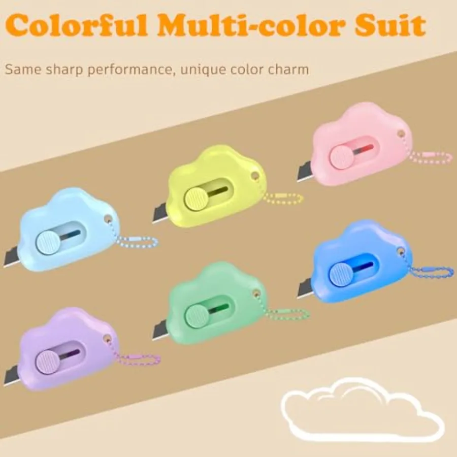 Paquete de 6 Cortadores de Cajas Retráctiles Cloud con Anillos para Llaves - Diseño de Retracción Automática Seguro, Mini Cortador de Papel para Cajas, Paquetes, Correo y Sobres
