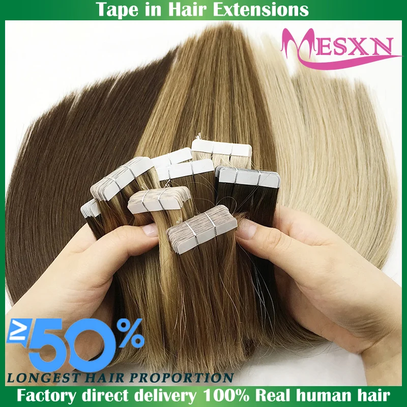 MESXN High Quality Straight Tape In Human Hair Extensions 100% Natural Hair Extension  Brown Blonde Invisible 613  For Salon