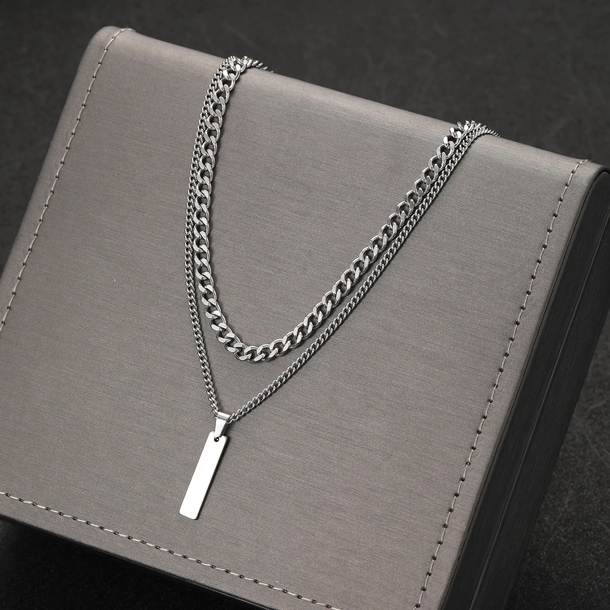 2Pcs/Set Small Hanging Tag Stainless Steel Necklace for Men Geometric Silver Color Pendant Necklace Fashion Hip Hop Jewelry Gift