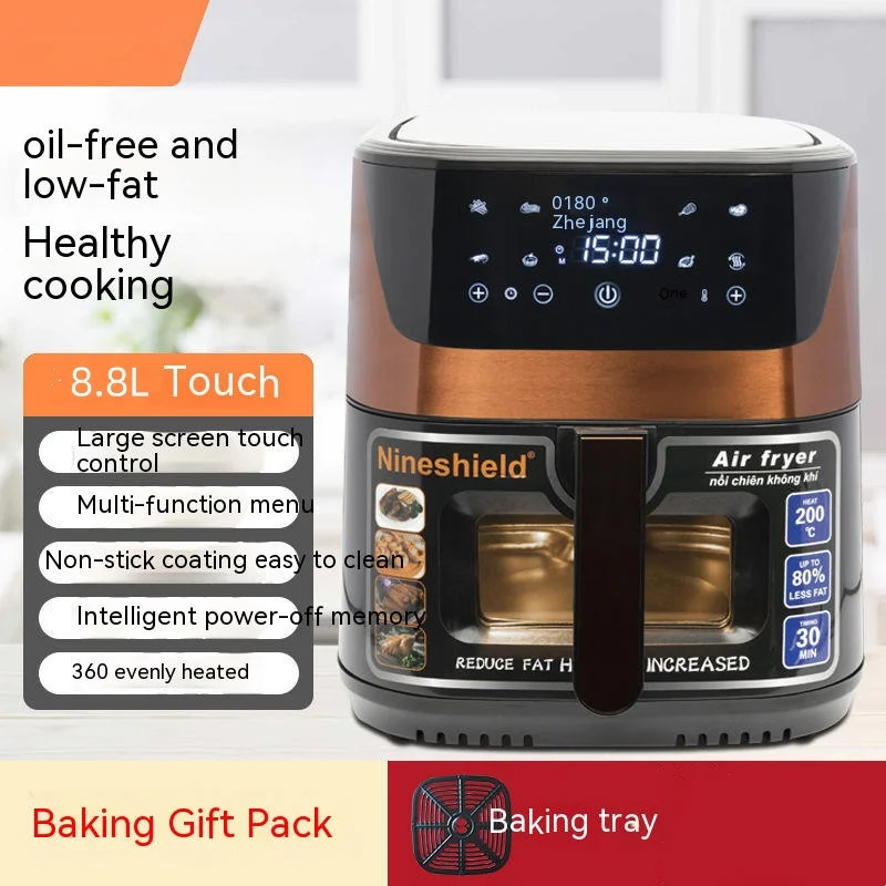 مقلاة هوائية منزلية سعة كبيرة 8.8 لتر نافذة مرئية مقلاة كهربائية من الفولاذ المقاوم للصدأ فرن متعدد الوظائف مقلاة غير لاصقة