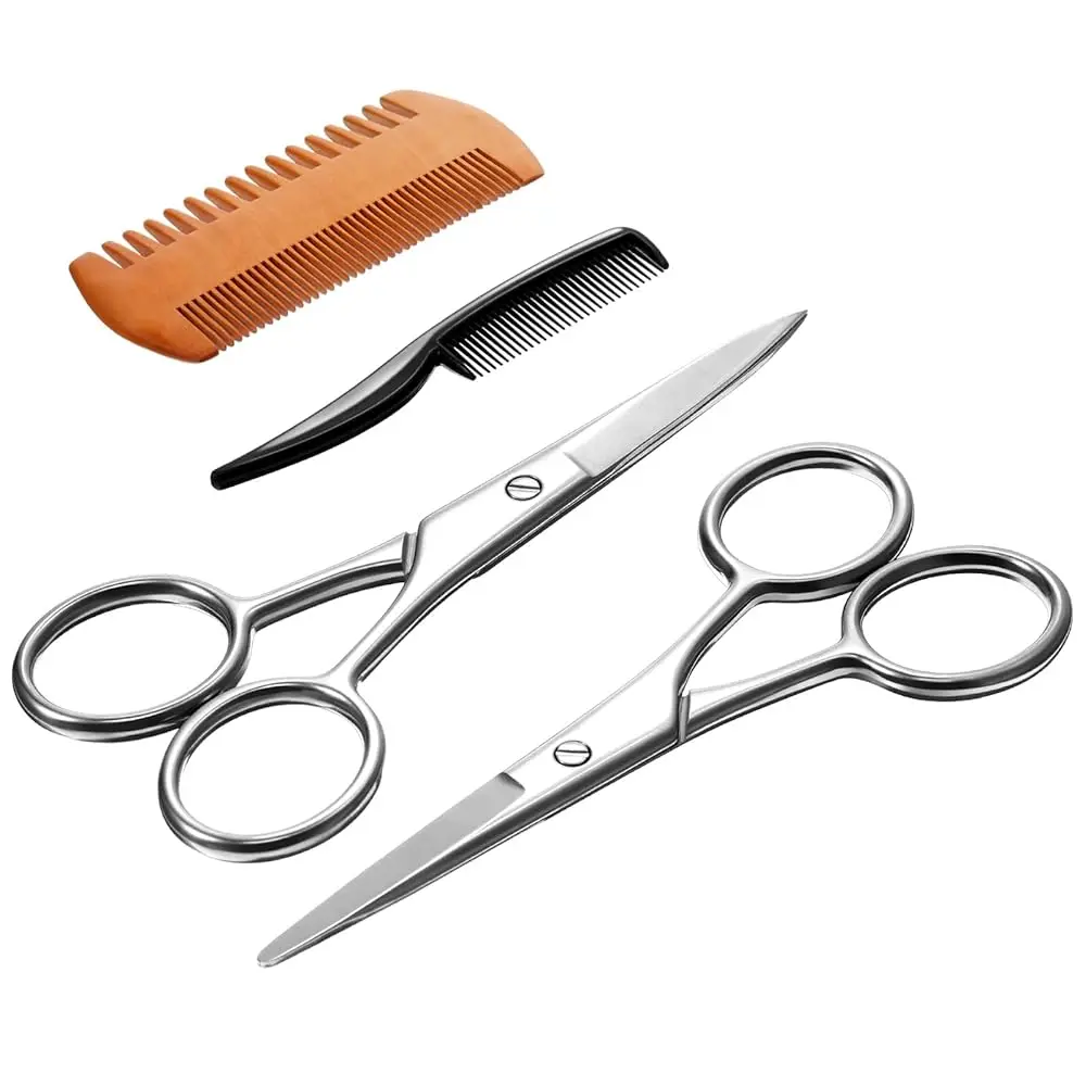 4 Pieces Mustache Scissors Grooming Kit for Men, Beard Trimmer Set, 2 Small Combs and 2 Scissors Beard Trimming Kit with Sto