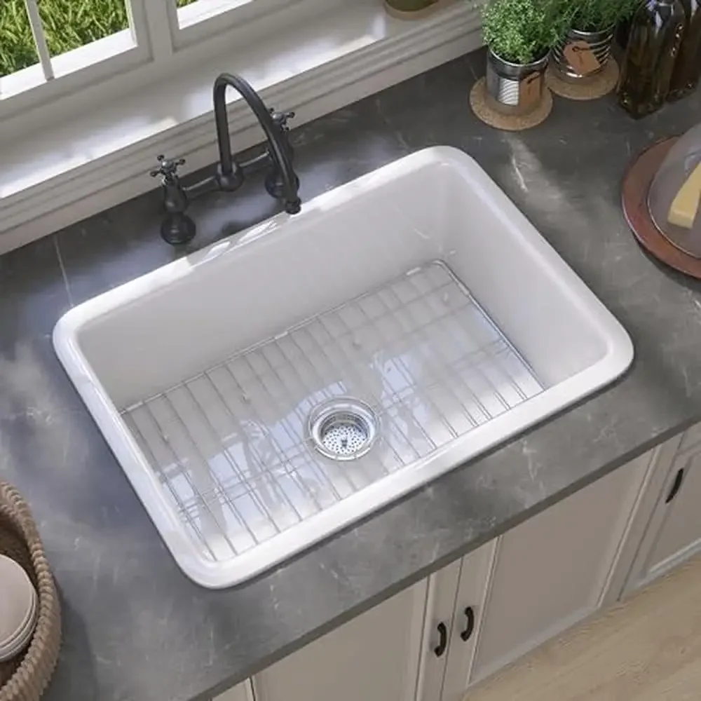 Fireclay Kitchen Sink 27X19 Single Bowl Topmount Undermount Drop in Farm Sink Ultra Durable Deep Basin Easy to Clean Modern