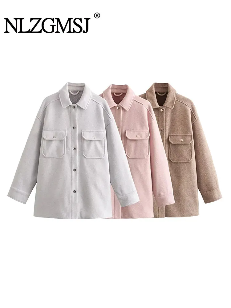 

TRAF 2023 Autumn Winter Woman Pocket Soft Woolen Shirt Jacket Coats Fashion Single Breasted Long Sleeve Causal LooseTops