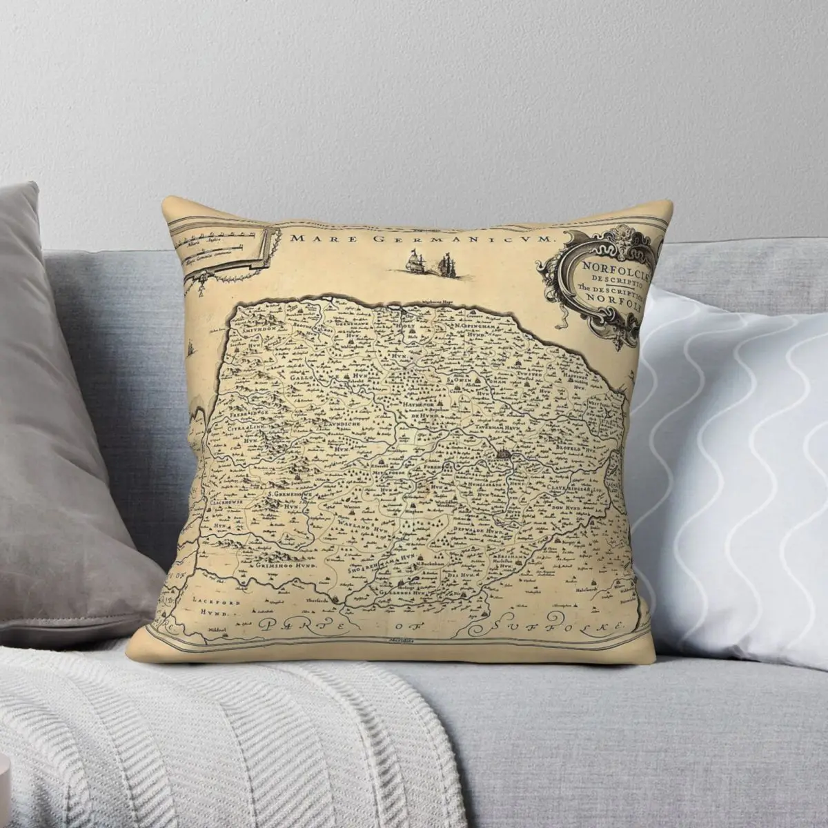 Map Of Norfolk 1685 Square Pillowcase Polyester Linen Velvet Creative Decorative Throw Pillow Case Home Cushion Cover Wholesale