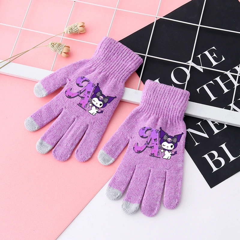 Kuromi Gloves Anime Sanrio Printed Letter A-Z Screen Gloved Kids Winter Warm Fashion Fingers Mittens Accessories Children Gift