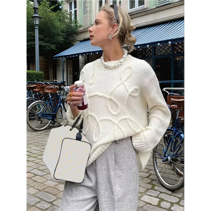 CYL-Fall Long Sleeve Pullover For Women Crewneck Casual Cute Line Decoration Chunky Knit Oversized Sweater