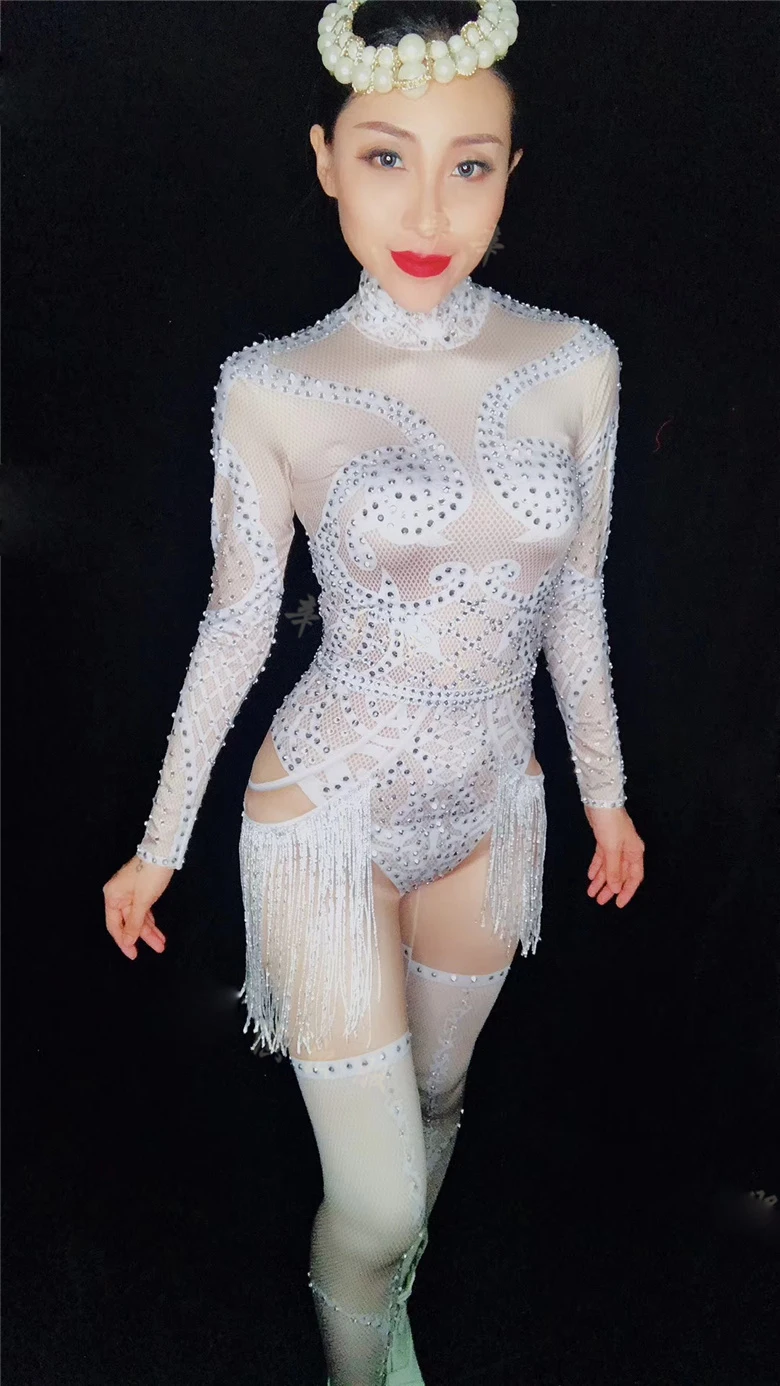 Women New Female Singer Rhinestone Tassel High Elasticity tight-fitting Printed Onesuit Stage Costume Party Celebration