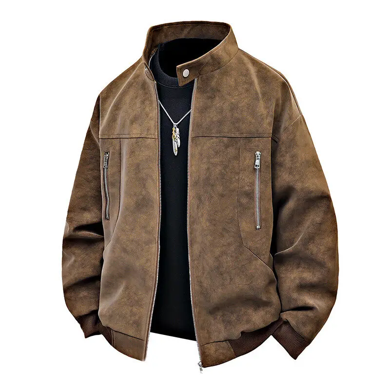 

Trendy Brand Men's Leather Jaet Stand Collar American Sle Casual Coat Spring Autumn Youth Faion Polyester Long Sve