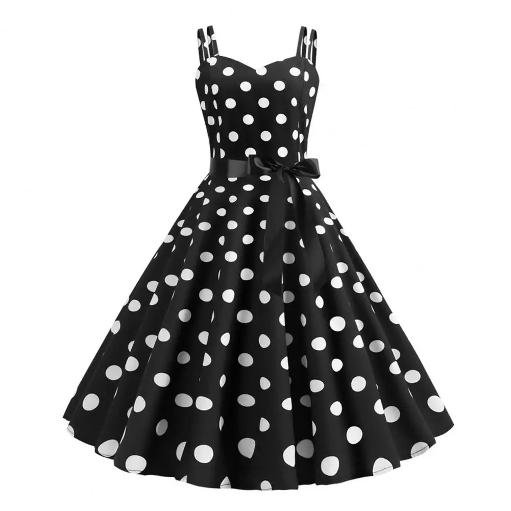 فستان ريترو دوت مطبوع برقبة على شكل V وسحاب خلفي عالي الخصر مزين بفيونكة بدون أكمام فستان حفلات الزفاف وحفلات التخرج فستان نسائي ميدي #1