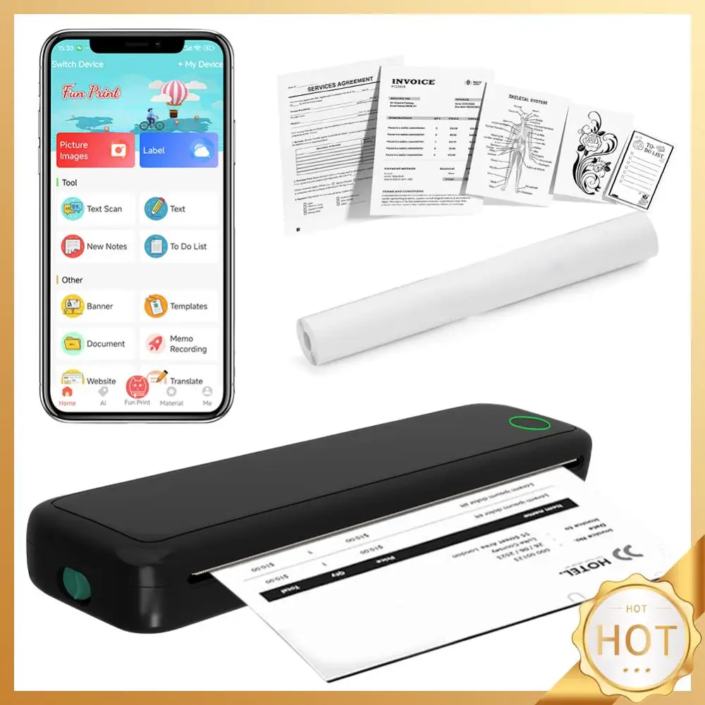 Wireless Mobile Travel Printer Inkless Bluetooth-Compatible Document Printing Maker with Printing Paper Travel and Home Work Use