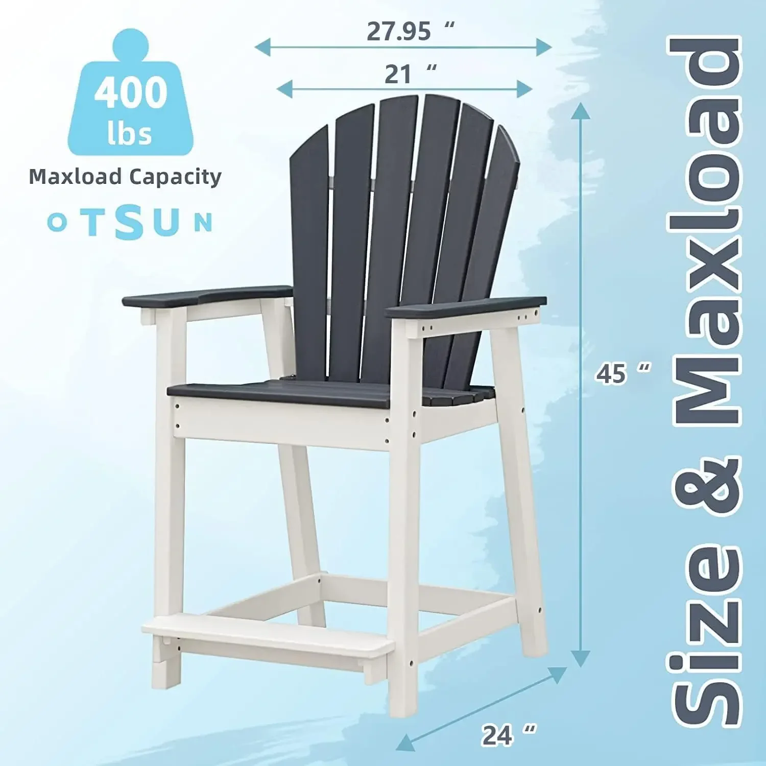 Outdoor Tall Adirondack Chairs Set of 2, Patio Bar Stool Chair with High Back, 400lbs, Widened Arms, All-Weather Balcony Chair