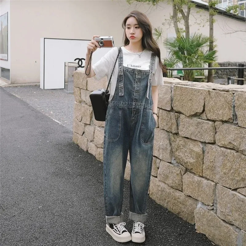 

Vintage Blue Jeans Rompers Women's Jumpsuits Casual Streetwear Denim Overalls Loose Wide Leg Dungarees Buttons Cargo Baggy Pants