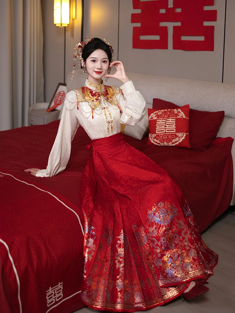 

New Chinese Sle National Trend Tailed Skirt Set Wedding Dr Long Sve Cloud oulder Hanfu Small Size Daily Wear