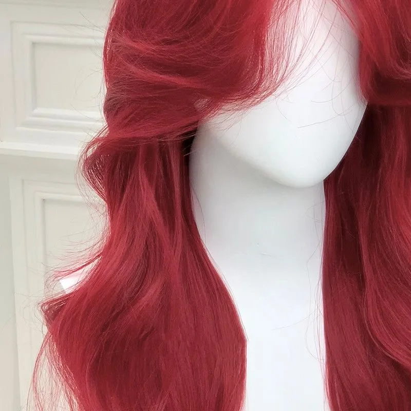 Rode pruik, lang haar, kunsthaar gesimuleerd haar, anime spelaccessoires, cosplay, volledig hoofddeksel, krullend haar, fotoshow rekwisieten