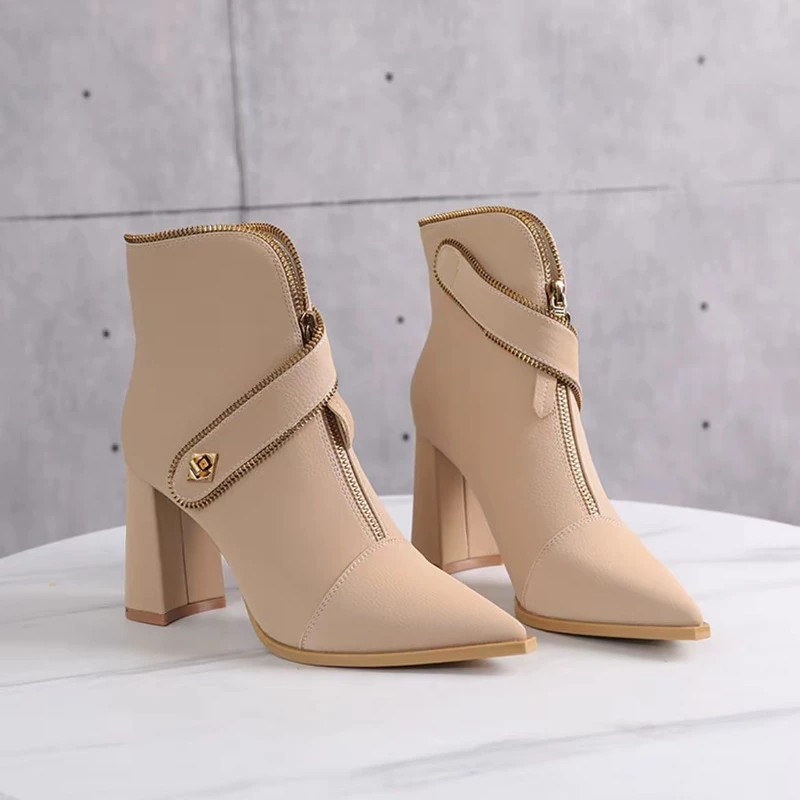 أحذية السيدات في الربيع والخريف عصرية وأنيقة، مع كعب مربع مدبب وكعب بسحاب للخروج من أجل أ #1