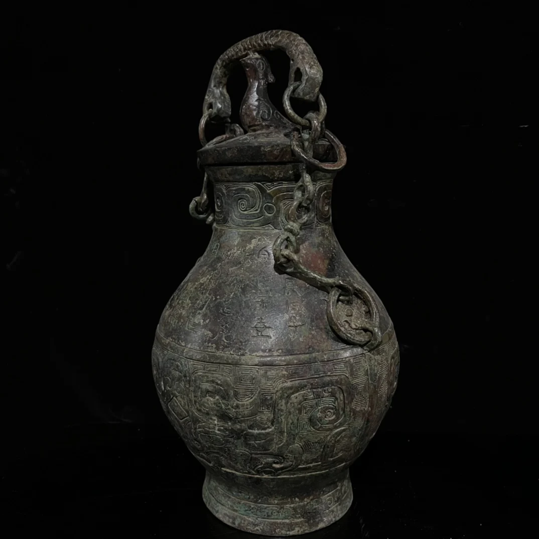 Very rare han Dynasty bronze Bronze-red Spot with Verdigris Standing Bird Chain Vase,Beautiful ornamentation,free shipping