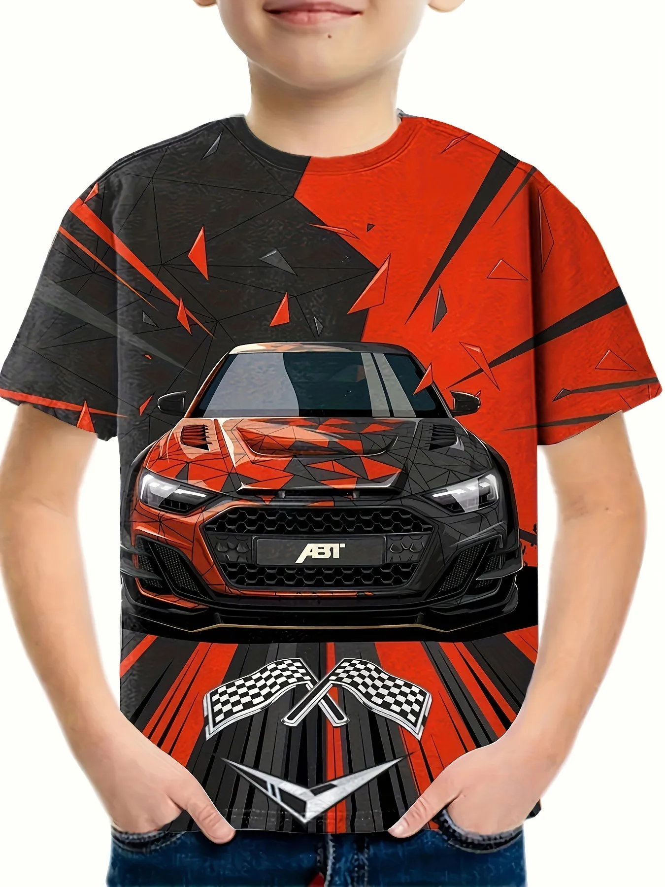 Boys Racing Car Pattern 3D Print T-Shirt Criativa, Casual Leve Manga Curta, Tripulação Pescoço Tee Tops, Roupas Infantis, Moda Verão