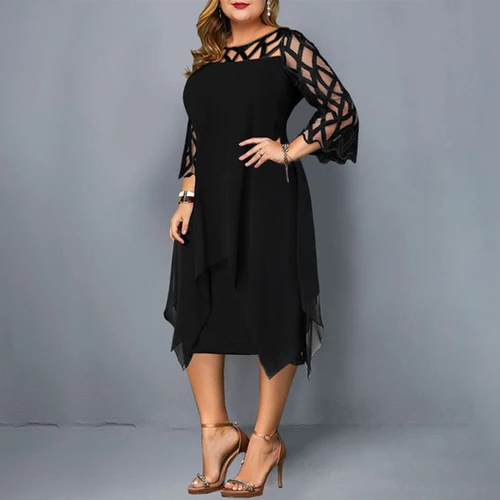 Imagen 2 del producto 2025 vestido Midi de gasa ahuecado para mujer Primavera Verano cuello redondo Vestidos negros irregulares elegantes batas de fiesta de noche para oficina para mujer